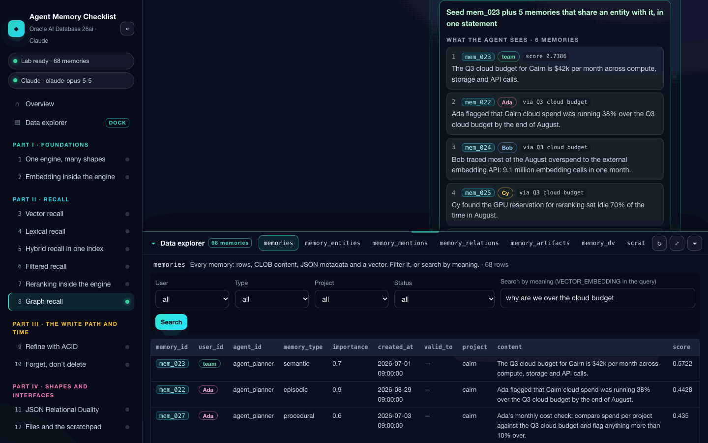 The data explorer, docked open under §8's graph recall, searching memories by meaning