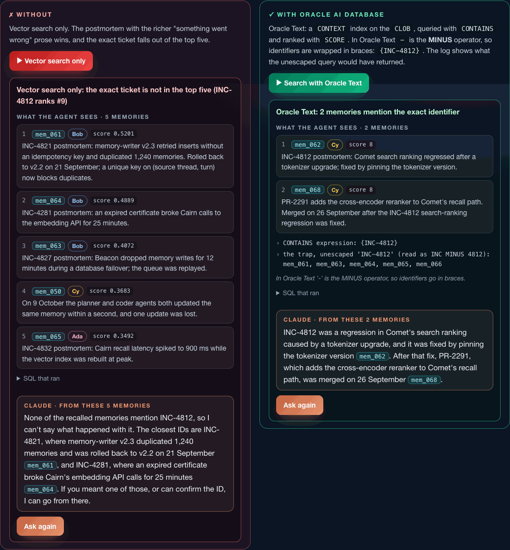 The Agent Memory Checklist appbook: a section with its without and with runs side by side
