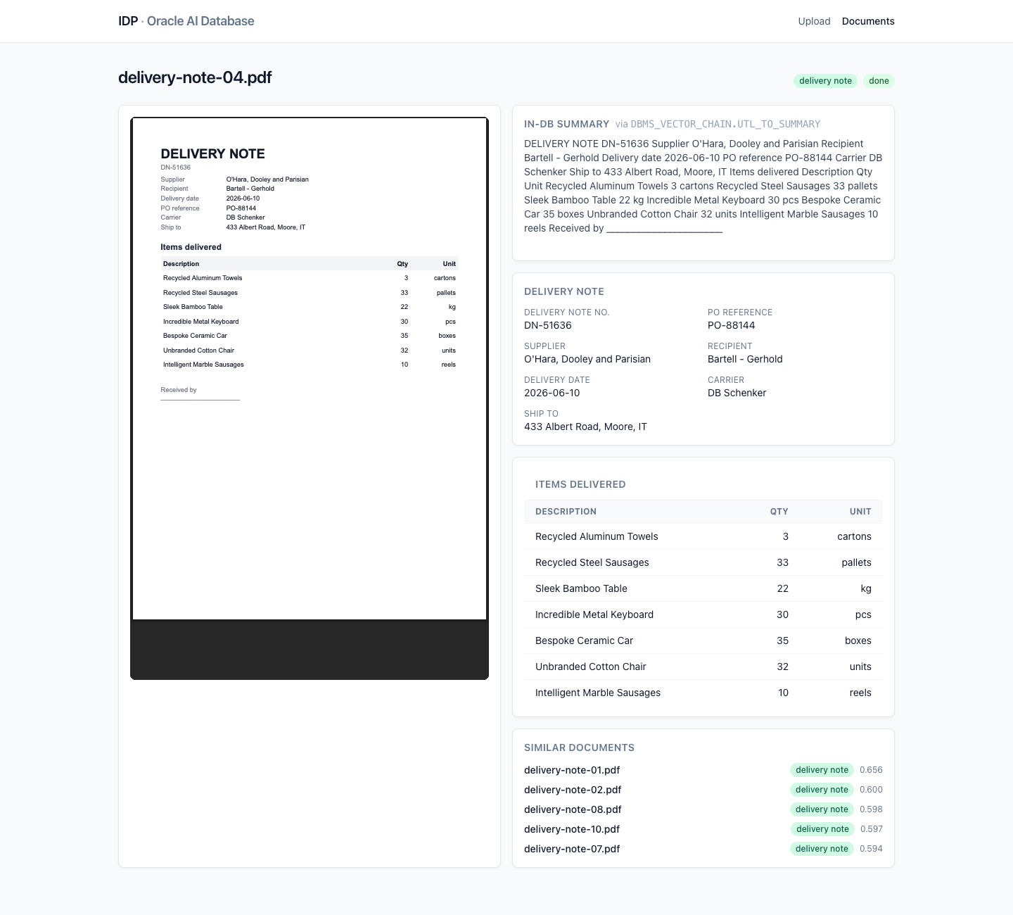 The app's document detail view showing the original PDF, its extracted fields, and similar documents found via vector search