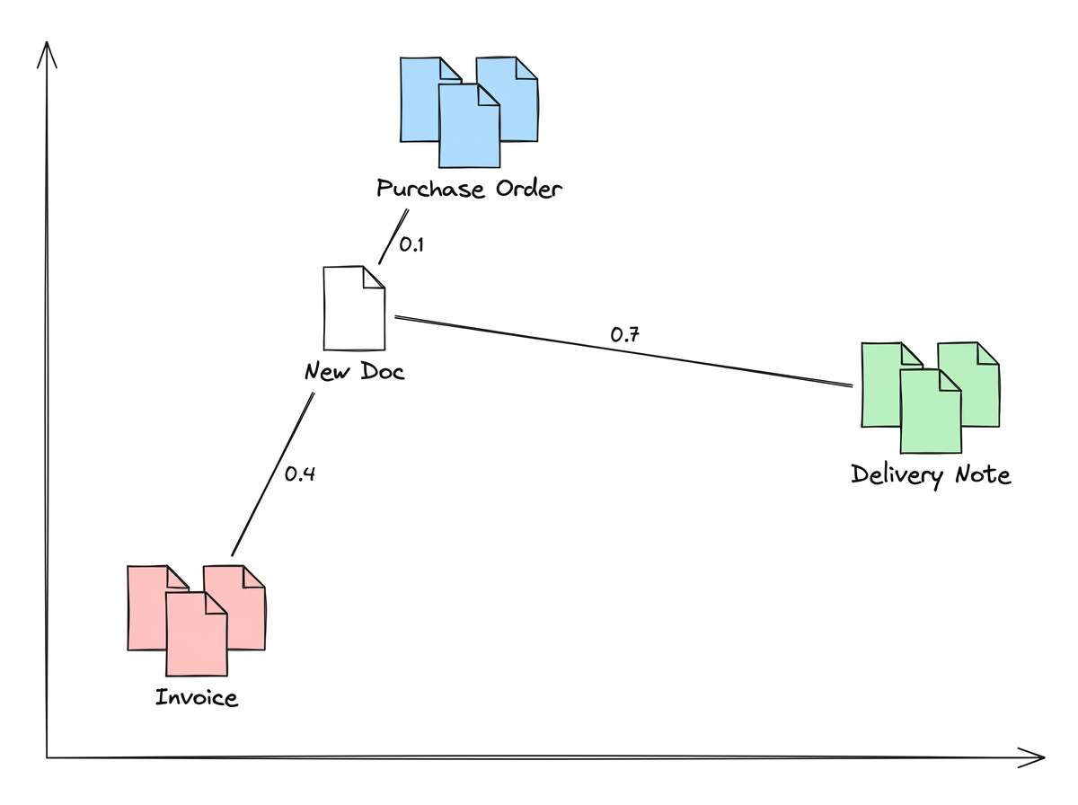A new document compared by distance to a purchase order, delivery note, and invoice sample; the nearest sample wins the classification