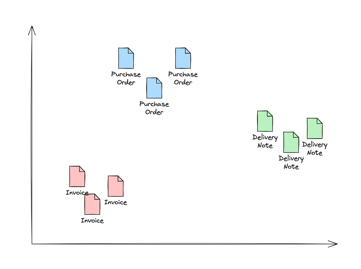 Documents plotted as points in vector space, where documents of the same type cluster together and different types sit farther apart