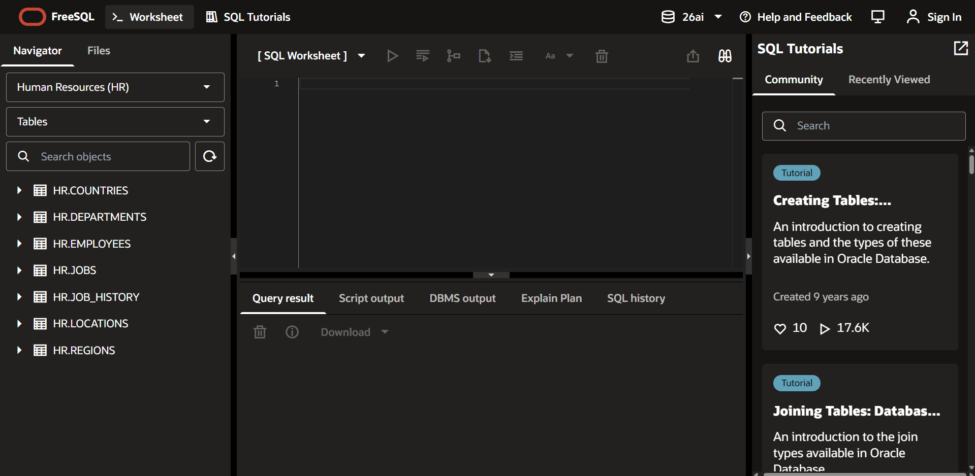 FreeSQL worksheet interface