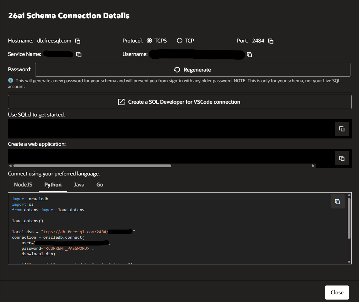 FreeSQL Python connection details