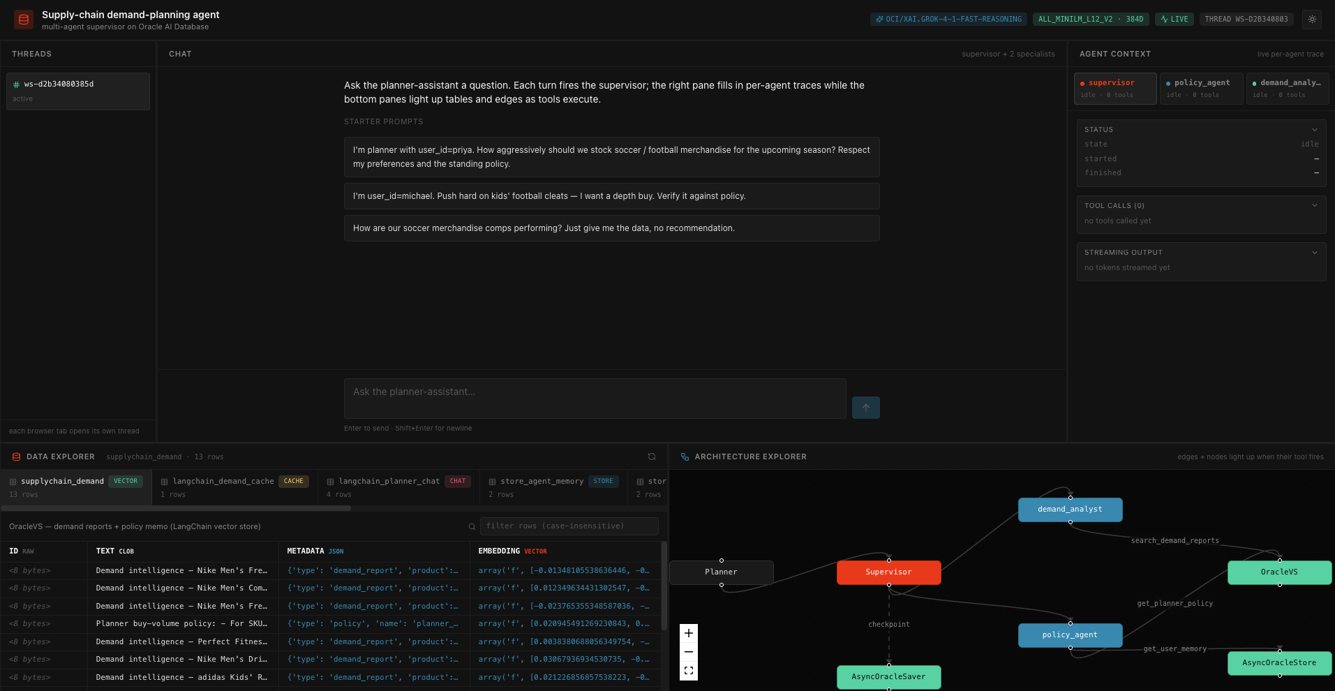 Supply-chain demand planning agent — chat, per-agent context, data explorer, architecture explorer