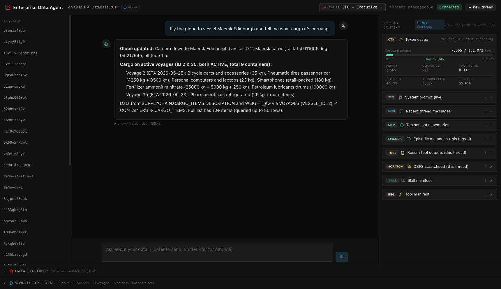 Chat with agent-driven globe control and live token usage