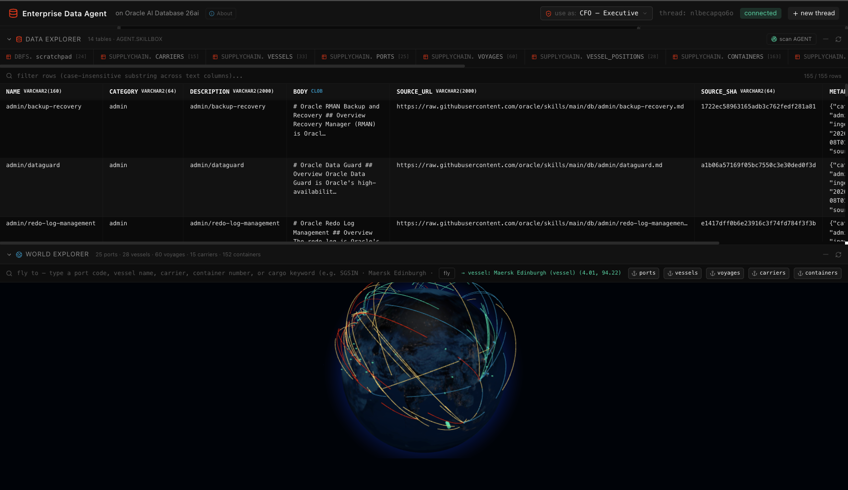 World Explorer with voyage arcs over Earth-night, plus the Data Explorer above showing the AGENT.SKILLBOX table