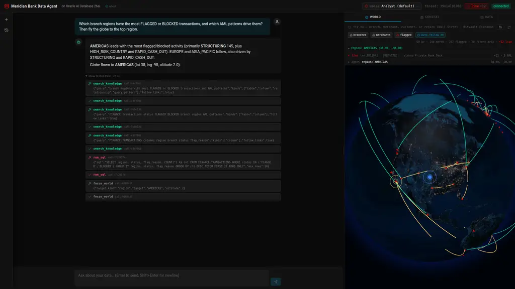 Chat driving the globe, with the step trace expanded